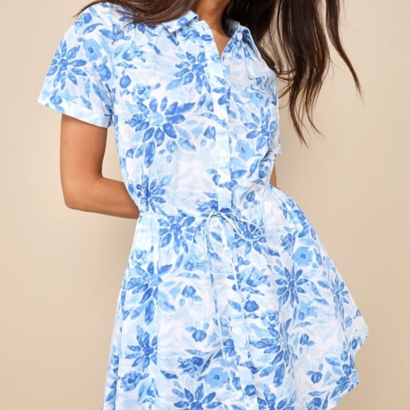 Lulus Sunny Charisma Blue Floral Button-up Mini Dress With Pockets - Size XXS - Picture 1 of 1